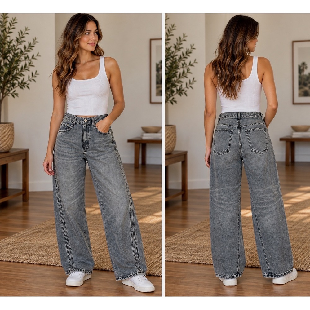 Zara Womens High Waisted Wide Leg Seam Detail Jeans Grey Faded Wash Size 31